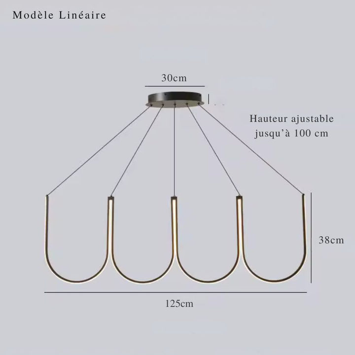 Suspension LED linéaire de 125 cm à quatre arceaux noirs, idéale pour une salle à manger moderne