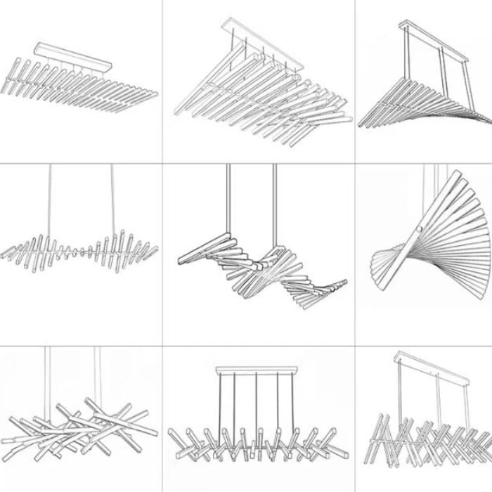 Schéma des configurations d’une suspension LED modulable, esprit architectural, innovant et contemporain.