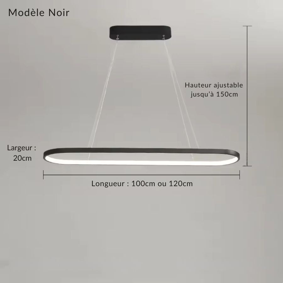Modèle noir de la suspension LED rectangulaire arrondie, disponible en 100 ou 120 cm de longueur