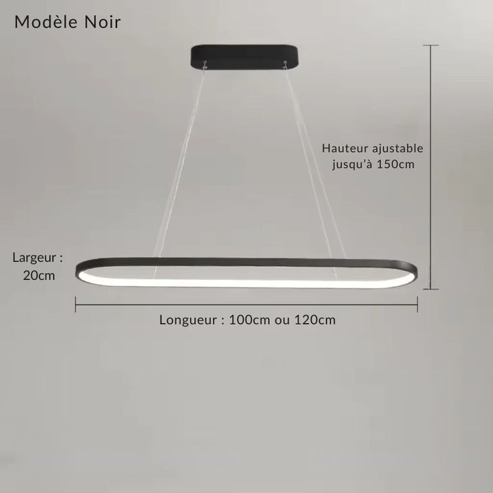 Modèle noir de la suspension LED rectangulaire arrondie, disponible en 100 ou 120 cm de longueur