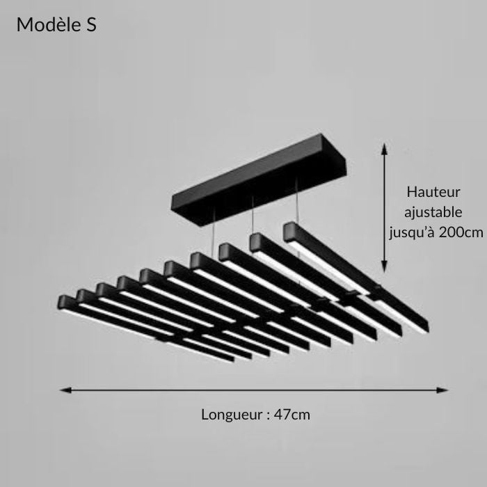 Suspension LED noire modèle S, format compact au design linéaire et minimaliste.
