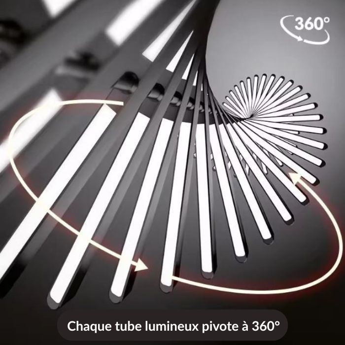 Suspension LED pivotante 360° à tubes noirs, concept innovant au style futuriste et architectural.
