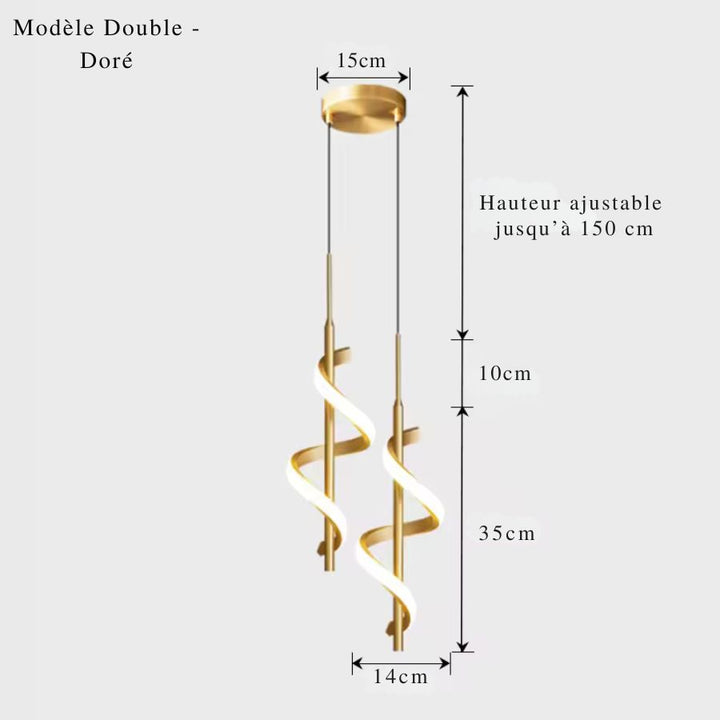 Deux spirales LED dorées suspendues à une rosace commune de 15 cm, au style sculptural, avec hauteur ajustable.