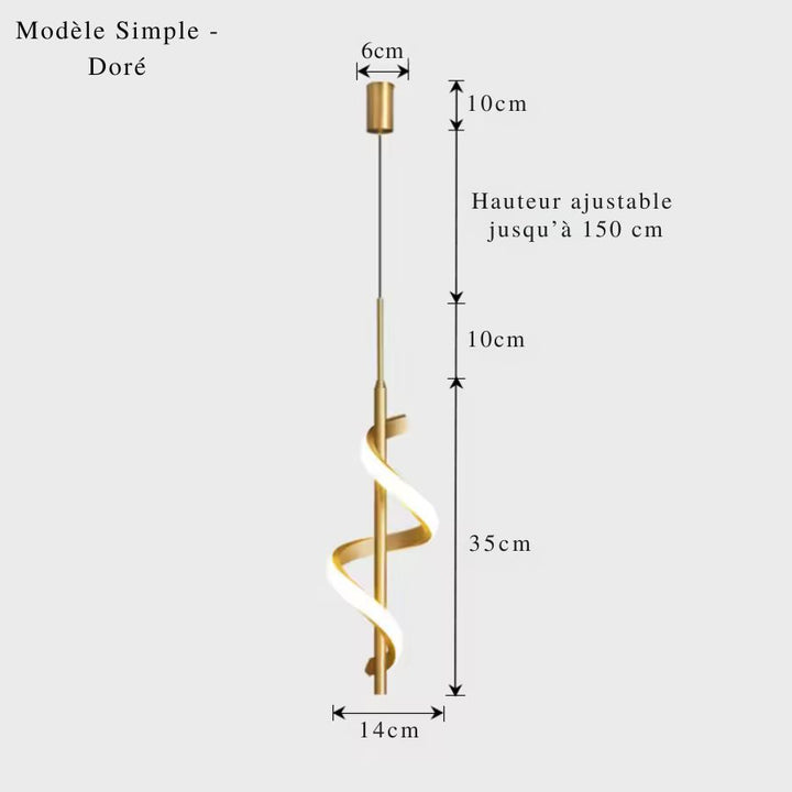 Dimensions de la suspension LED dorée à ruban hélicoïdal, au design minimaliste : 35 cm de haut et 14 cm de large.