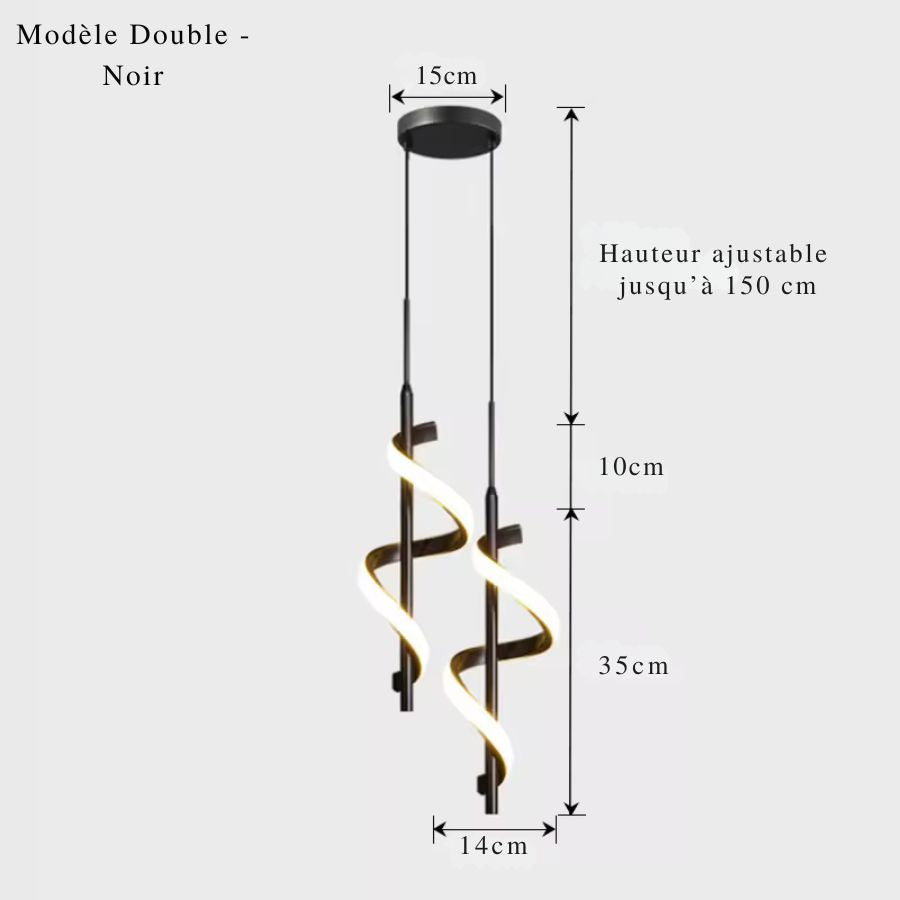 Suspension LED double en finition noire, composée de deux rubans lumineux en spirale au style moderne et épuré.
