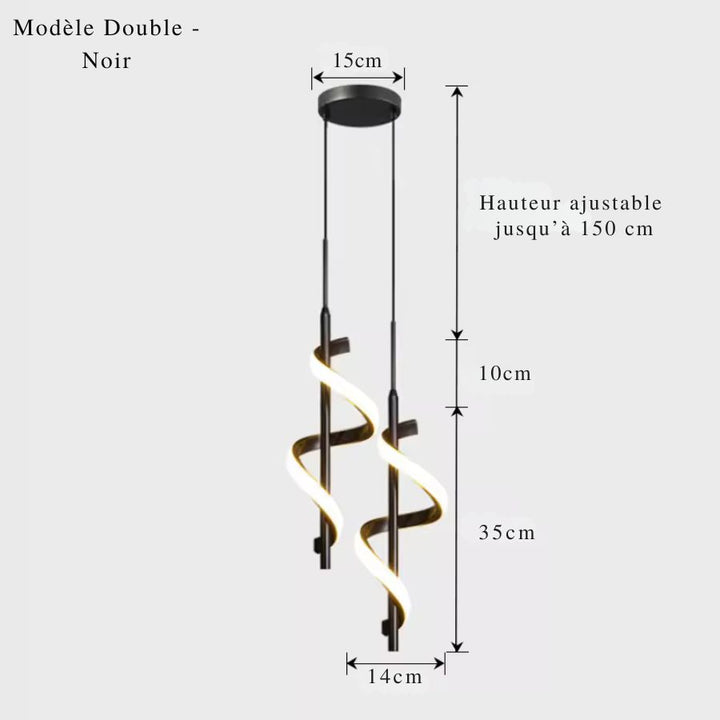 Suspension LED double en finition noire, composée de deux rubans lumineux en spirale au style moderne et épuré.
