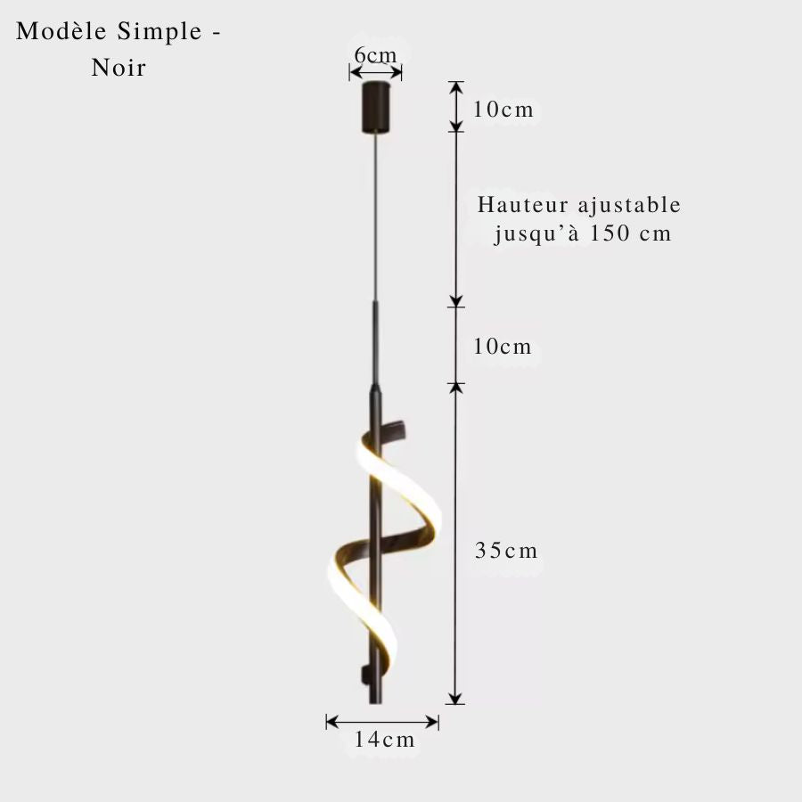 Version noire de la suspension LED à ruban hélicoïdal, au design contemporain, large de 14 cm et haute de 35 cm.