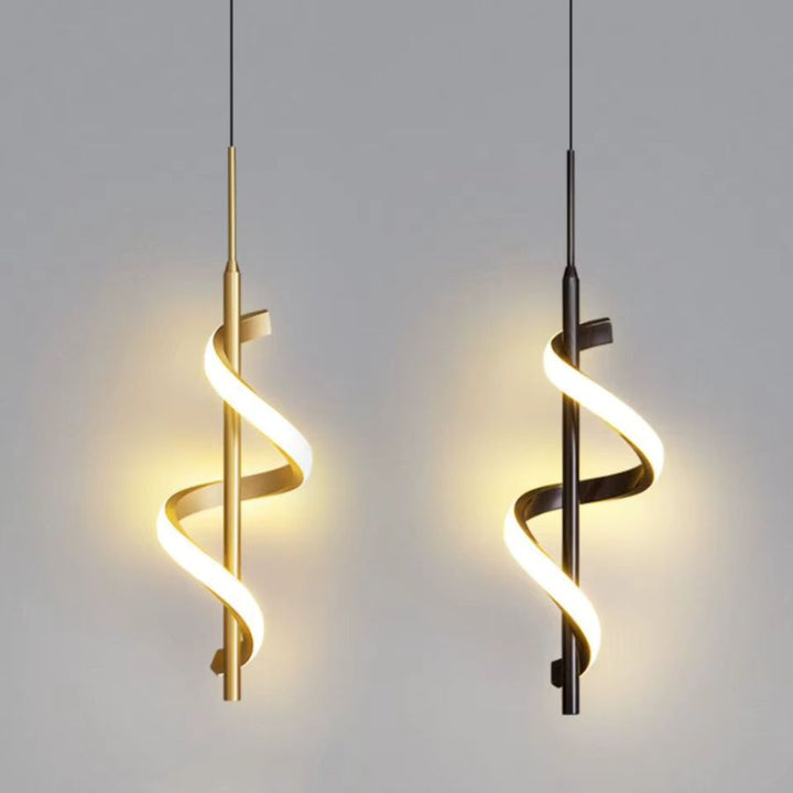 Deux suspensions LED à ruban hélicoïdal, l'une dorée et l'autre noire, aux spirales lumineuses de style contemporain.