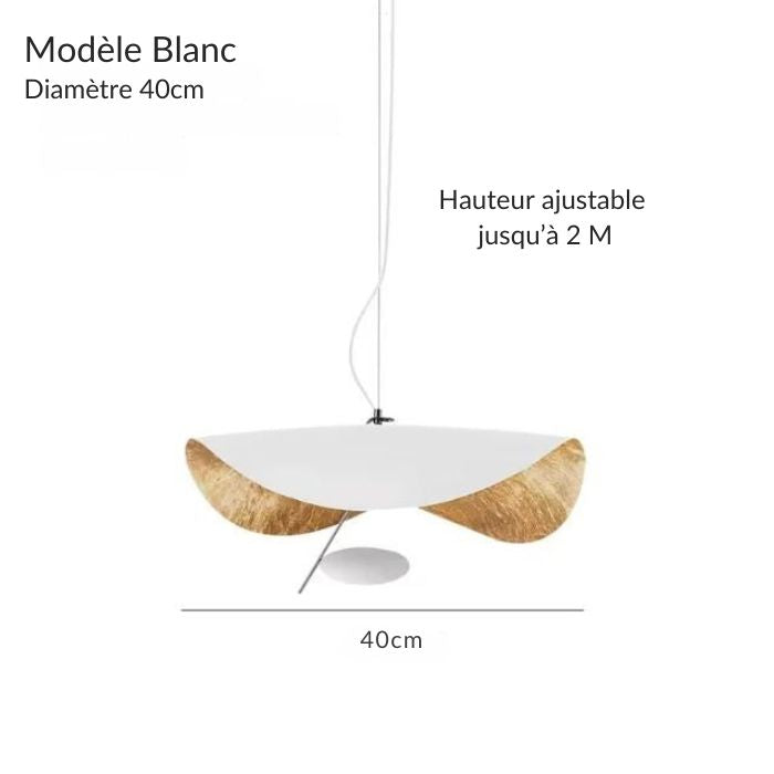 Suspension Lederam Manta blanche, diamètre 40 cm, avec LED 8W et design élégant.