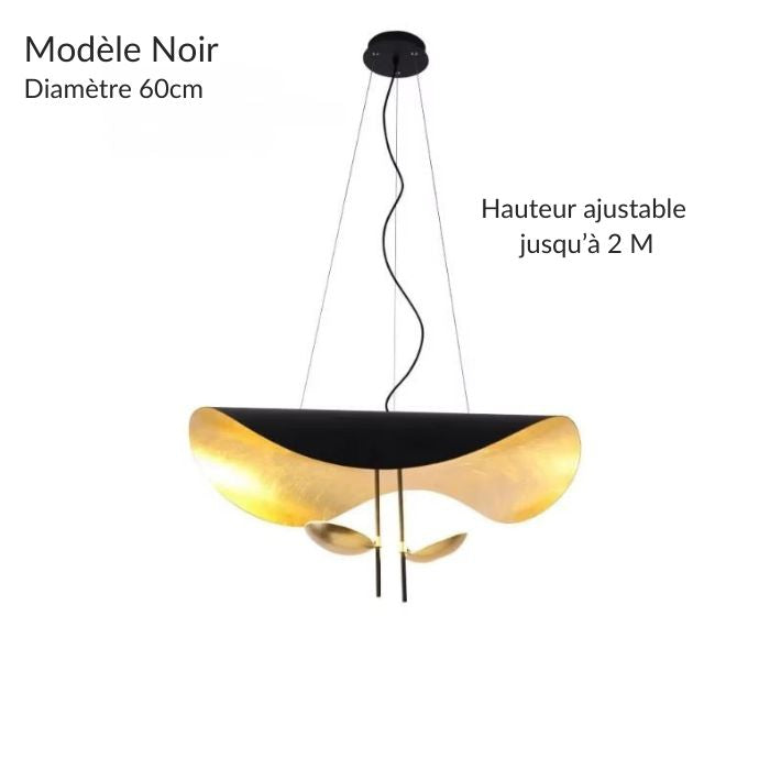 Suspension Lederam Manta noire, diamètre 60 cm, avec LED 12W et fil suspendu de 200 cm.