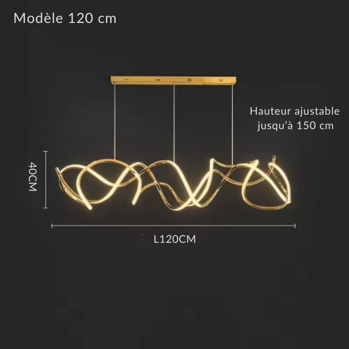 Suspension LED dorée à ligne ondulante sculpturale en modèle 120 cm, avec hauteur réglable jusqu'à 150 cm.