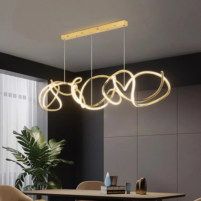 Suspension LED sculpturale au design moderne, idéale pour illuminer un salon contemporain avec élégance.