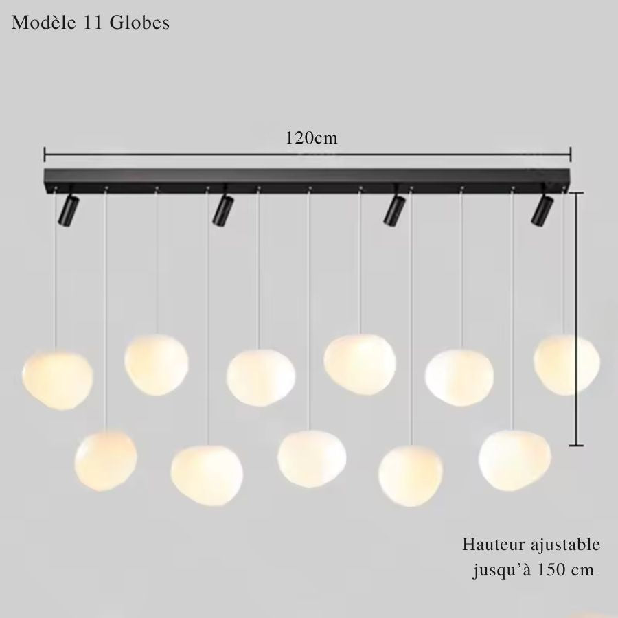 Version 11 globes opalins sur barre noire de 120 cm avec spots orientables et hauteur ajustable