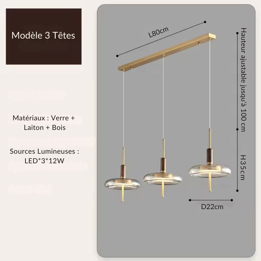 Suspension linéaire à 3 anneaux en verre, bois et laiton doré, design élégant pour îlot ou table à manger