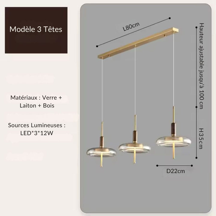 Suspension linéaire à 3 anneaux en verre, bois et laiton doré, design élégant pour îlot ou table à manger