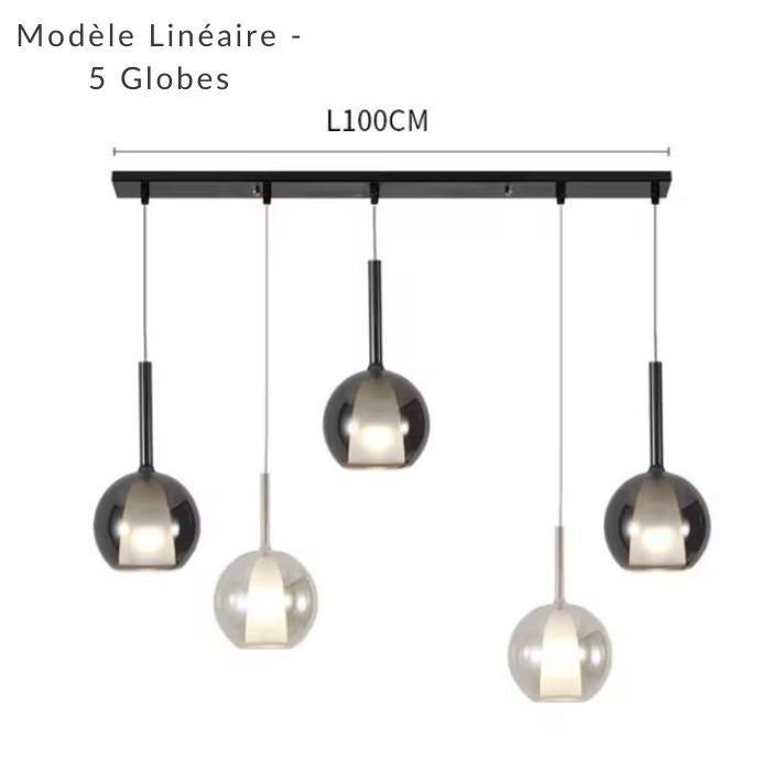 Suspension linéaire 5 globes en verre fumé, idéale pour îlot ou table dans un esprit moderne chic.