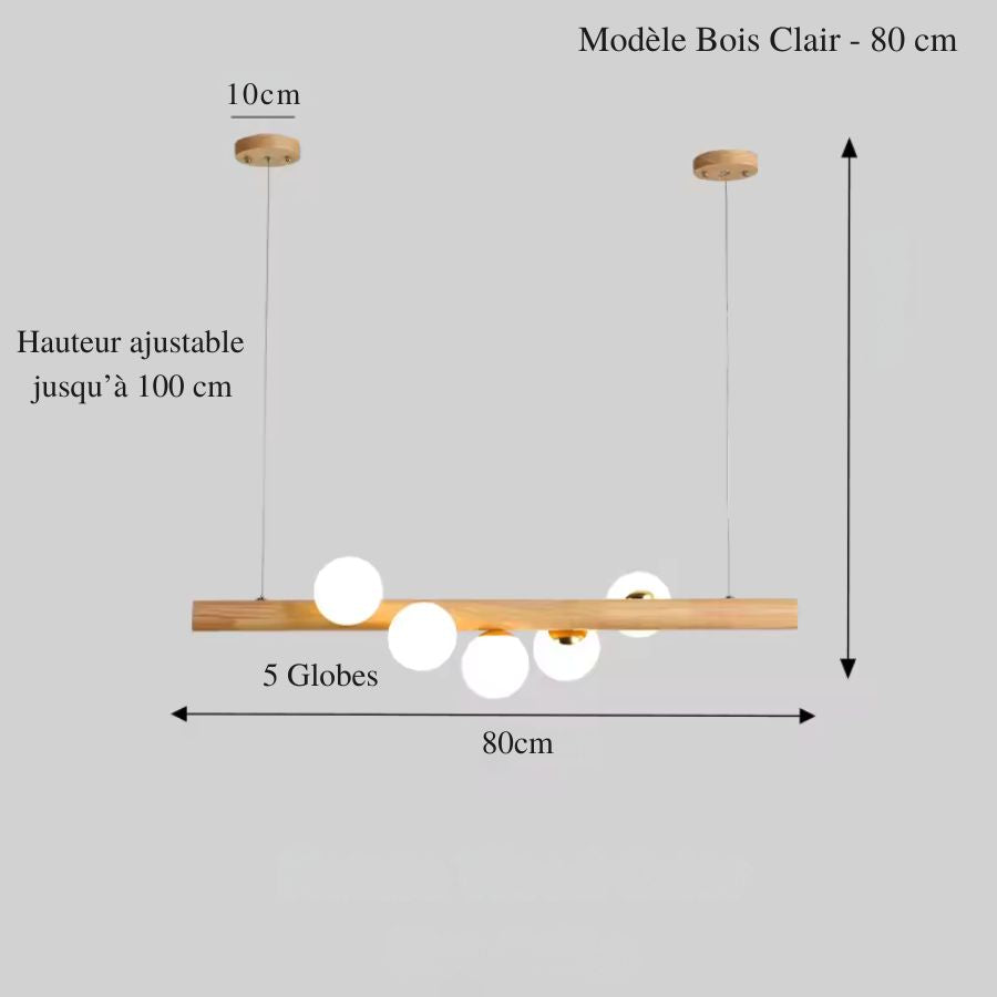 Version 80 cm en bois clair avec 5 globes opalins, dans un esprit japandi doux, naturel et minimaliste.