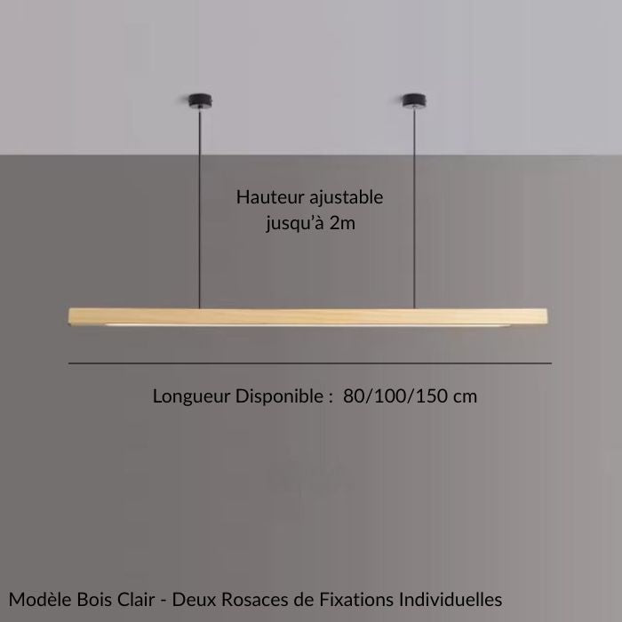 Suspension linéaire bois clair avec deux rosaces individuelles, parfaite pour un intérieur scandinave moderne.