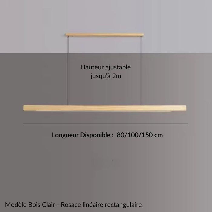 Suspension linéaire bois clair avec rosace rectangulaire, au design minimaliste pour une ambiance épurée et japandi.