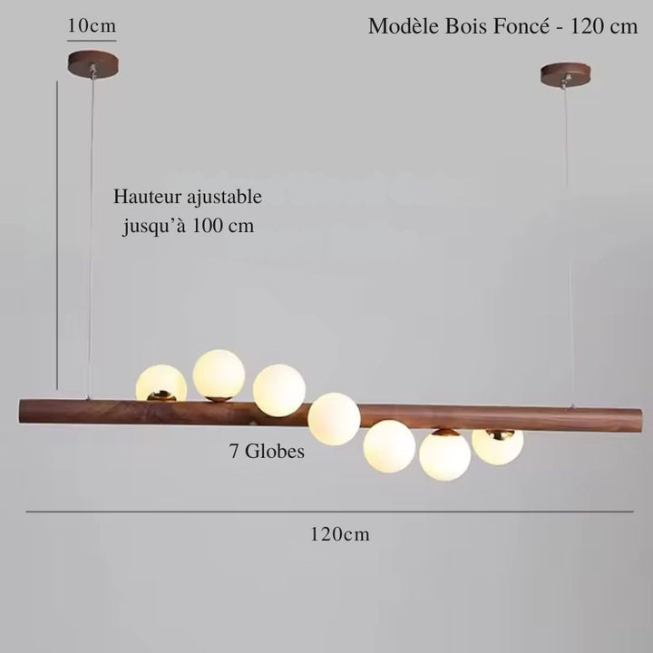 Suspension linéaire en bois foncé de 120 cm à 7 globes lumineux, au style contemporain chaleureux et épuré.