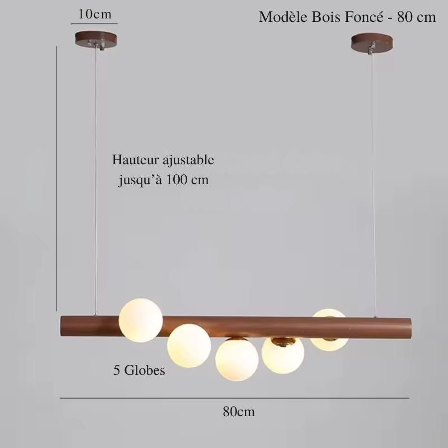 Déclinaison 80 cm en bois foncé à 5 globes lumineux, au design moderne, graphique et élégant.