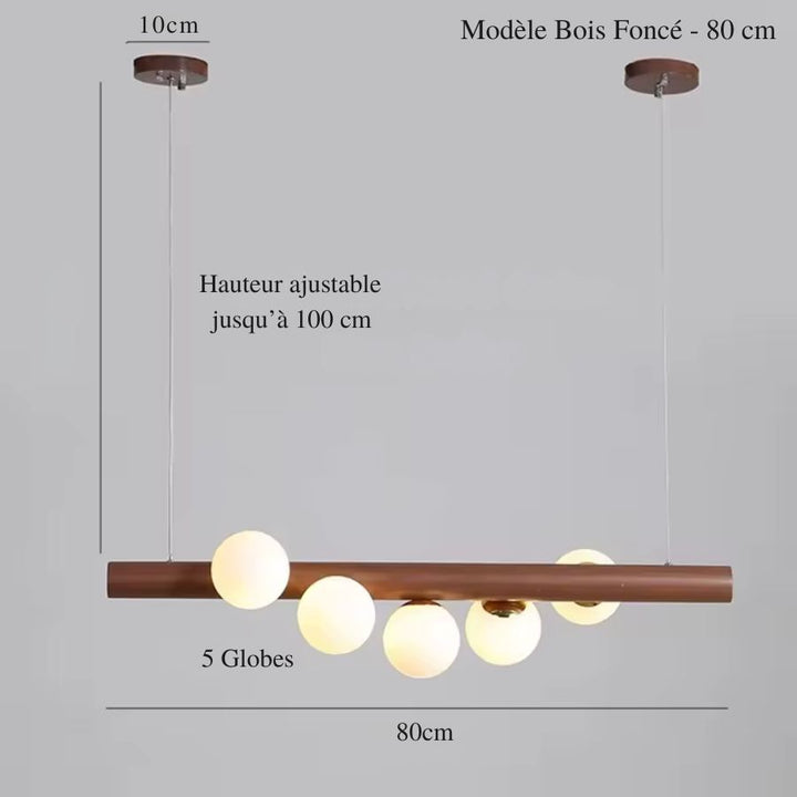 Déclinaison 80 cm en bois foncé à 5 globes lumineux, au design moderne, graphique et élégant.