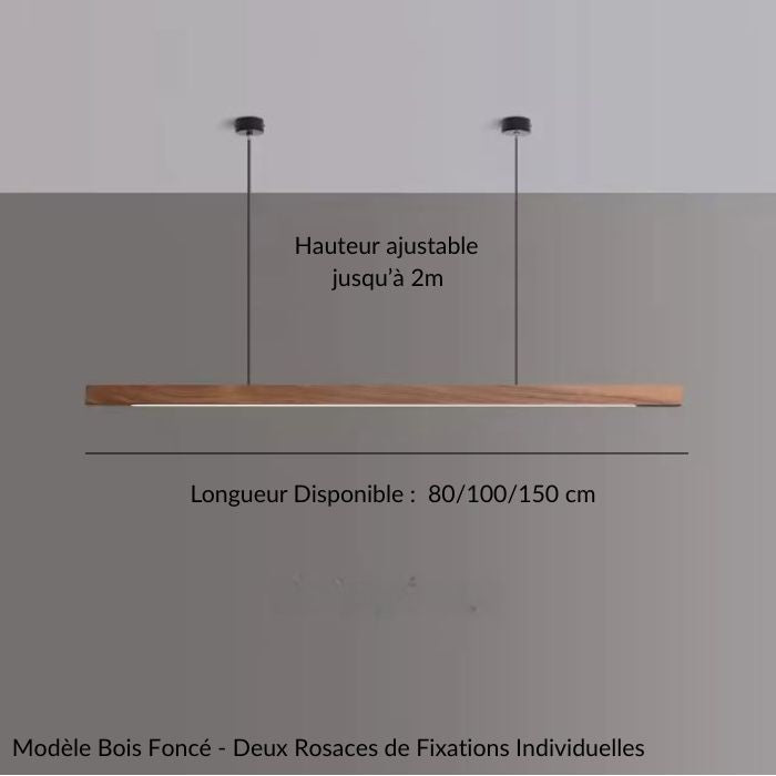 Suspension linéaire bois foncé à double fixation, au style chaleureux et sophistiqué adapté pour de nombreuses pièces d'intérieur.