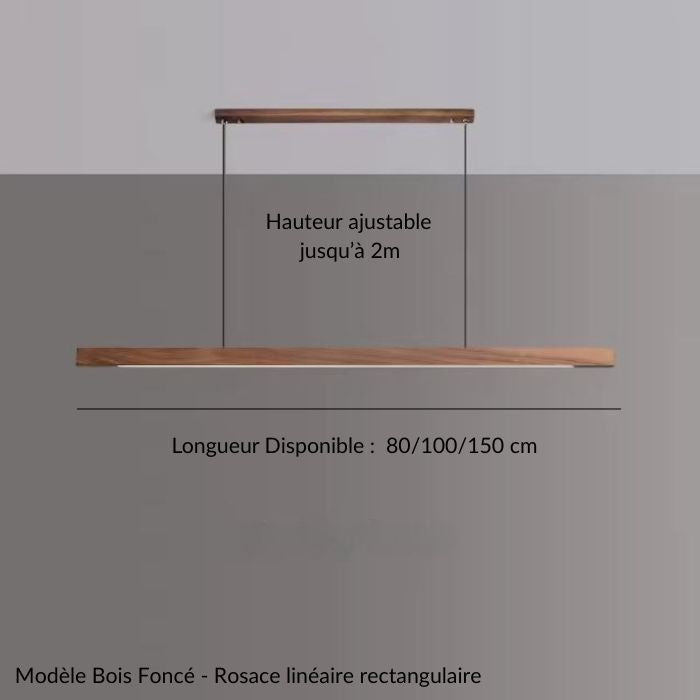 Suspension linéaire bois foncé avec rosace rectangulaire, idéale pour un style contemporain et raffiné.