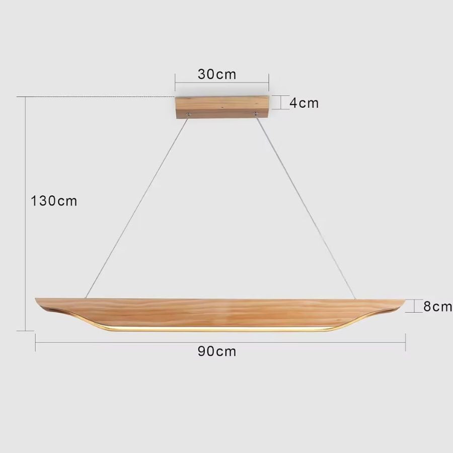 Schéma des dimensions d'une suspension design organique en bois clair de 90 cm, avec câbles ajustables jusqu'à 130 cm.