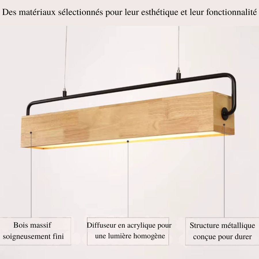 Présentation des matériaux d'une suspension linéaire en bois massif, avec structure en métal noir et diffuseur en acrylique.
