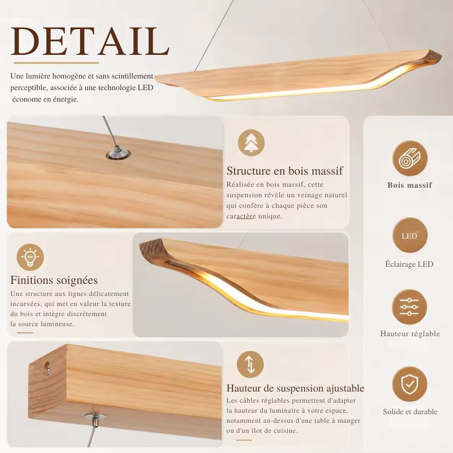 Détails d'une suspension linéaire en bois massif aux courbes organiques, avec éclairage LED intégré et câbles réglables.