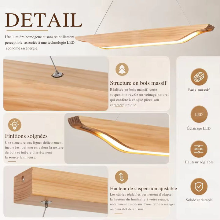 Détails d'une suspension linéaire en bois massif aux courbes organiques, avec éclairage LED intégré et câbles réglables.
