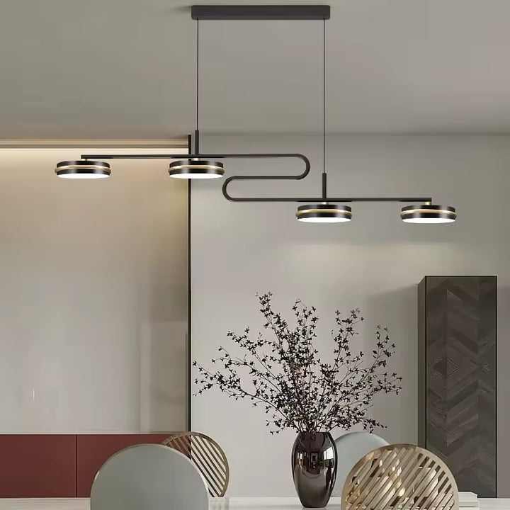 Suspension linéaire à disques LED au style contemporain, avec double boucle graphique et structure noire