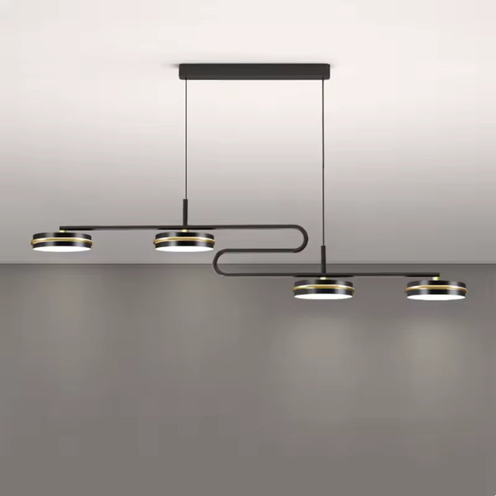 Suspension linéaire noire à double boucle et disques LED cerclés de doré, au design graphique et contemporain