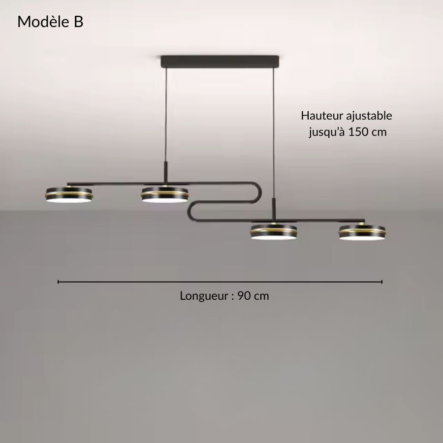 Suspension linéaire à double boucle, modèle B noir et doré avec quatre disques LED au style contemporain