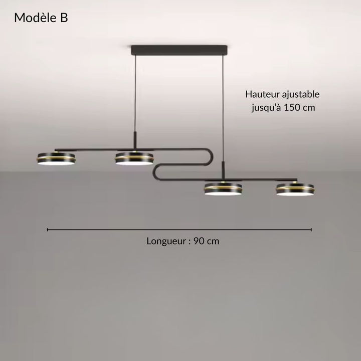 Suspension linéaire à double boucle, modèle B noir et doré avec quatre disques LED au style contemporain