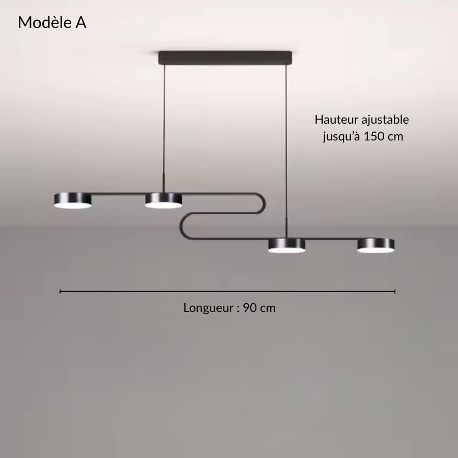 Suspension linéaire noire à double boucle et quatre disques LED, modèle A au design moderne et épuré