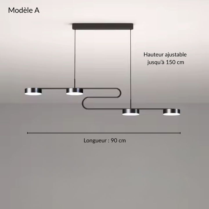 Suspension linéaire noire à double boucle et quatre disques LED, modèle A au design moderne et épuré