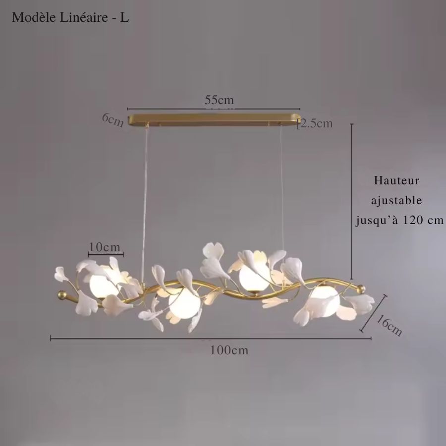 Dimensions de la suspension florale linéaire de 100 cm, aux branches dorées et globes opalins, réglable jusqu'à 120 cm.