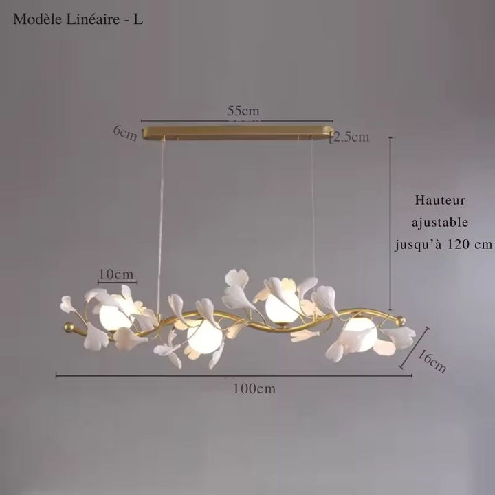Dimensions de la suspension florale linéaire de 100 cm, aux branches dorées et globes opalins, réglable jusqu'à 120 cm.