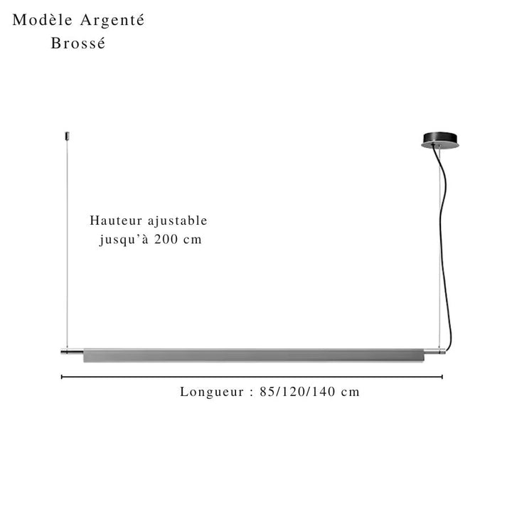 Suspension linéaire LED argentée brossée au profil fin, proposée en 85, 120 et 140 cm de longueur