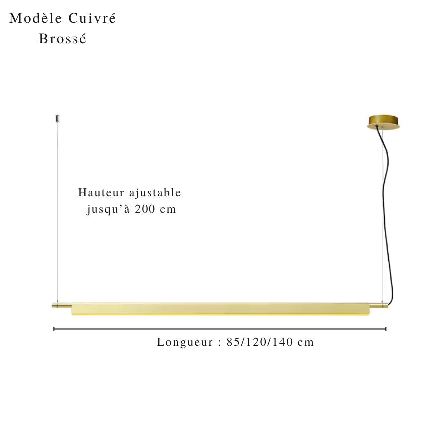 Suspension linéaire LED cuivrée brossée, disponible en 85, 120 ou 140 cm avec hauteur réglable
