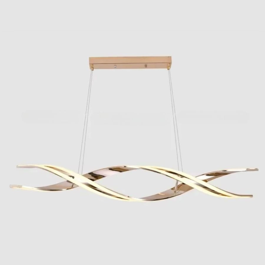 Rubans LED doré rose entrelacés et lumineux formant une suspension horizontale au design contemporain et fluide.
