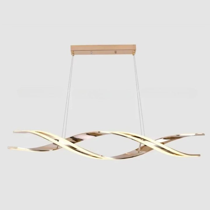 Rubans LED doré rose entrelacés et lumineux formant une suspension horizontale au design contemporain et fluide.