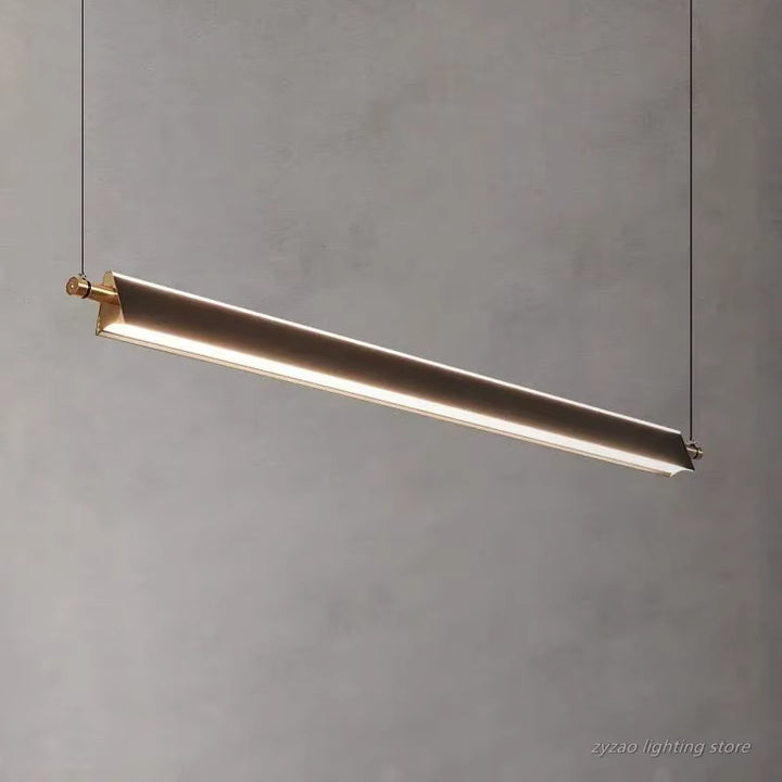 Suspension linéaire LED dorée à profil fin, au design épuré et architectural avec éclairage intégré