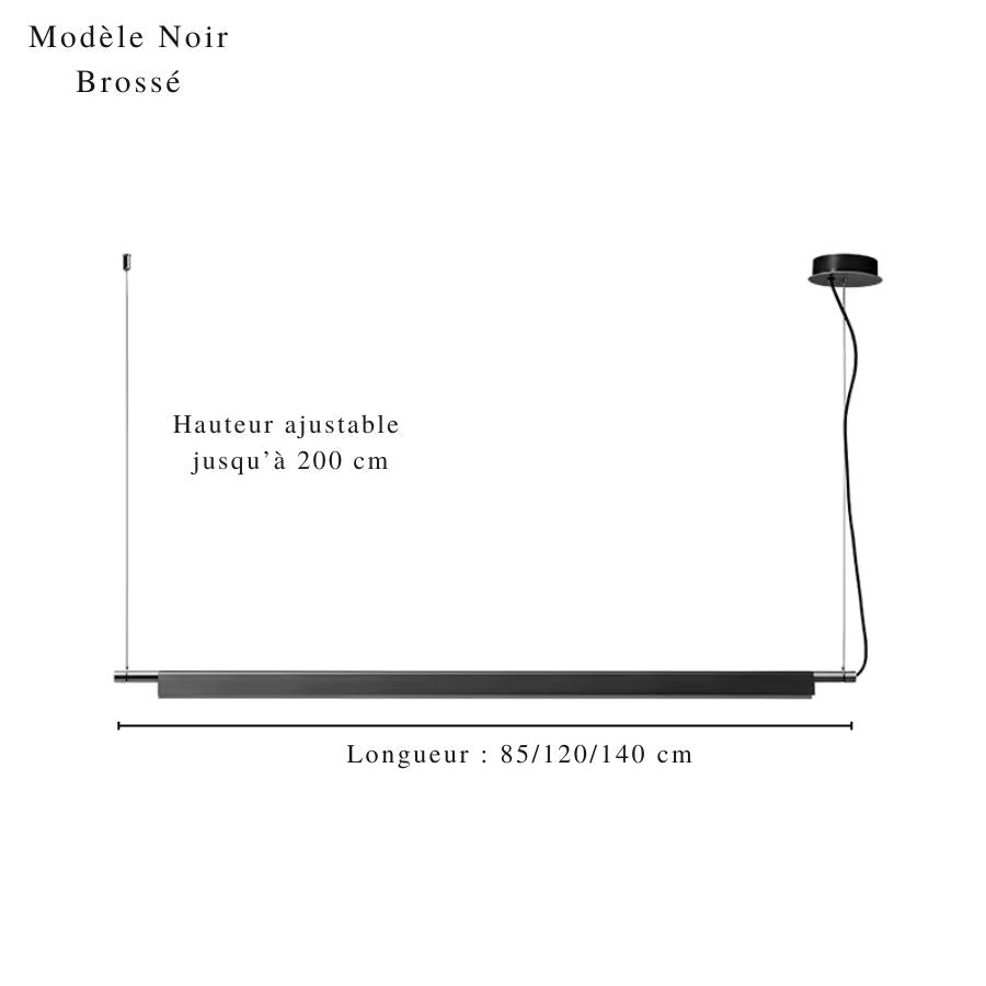 Modèle noir brossé de suspension linéaire LED au design minimaliste, avec longueur de 85 à 140 cm