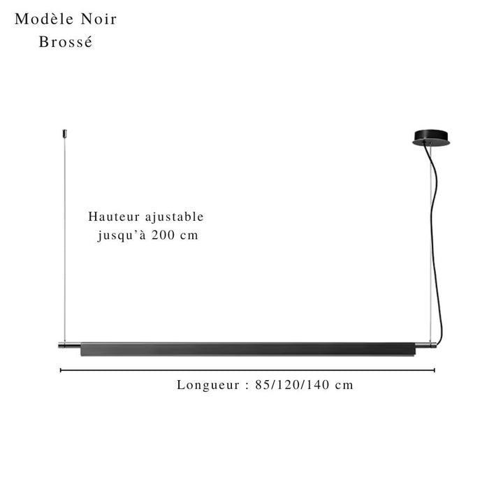 Modèle noir brossé de suspension linéaire LED au design minimaliste, avec longueur de 85 à 140 cm
