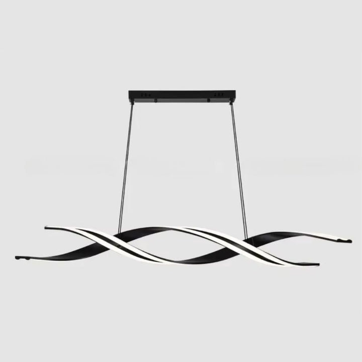 Rubans LED blancs lumineux entrelacés à une structure noire, formant une suspension horizontale au design moderne et épuré.