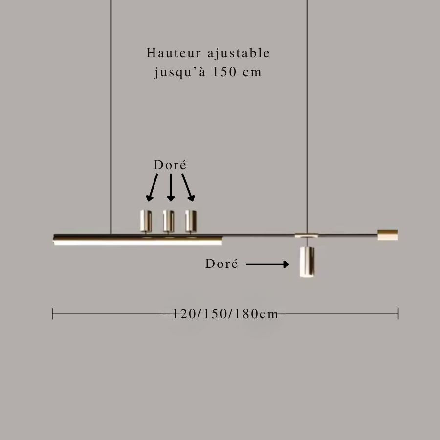Suspension linéaire noire et dorée disponible en 120, 150 ou 180 cm avec hauteur ajustable jusqu’à 150 cm
