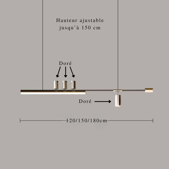 Suspension linéaire noire et dorée disponible en 120, 150 ou 180 cm avec hauteur ajustable jusqu’à 150 cm